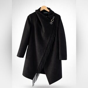 Ralph Lauren Wool Black Coat with Fringe Detail